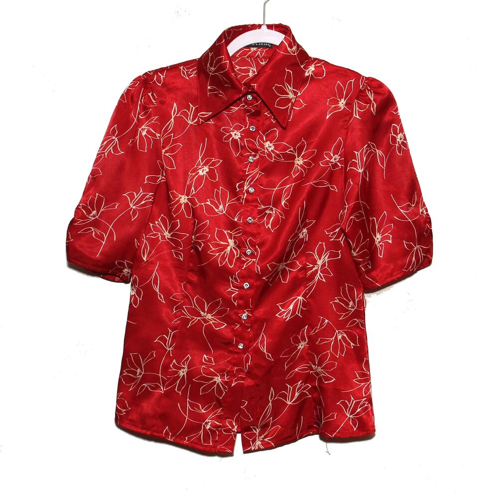 Vintage Wet Seal Satin Blouse Puff Sleeve Rhinestone Button Top No Size Tag